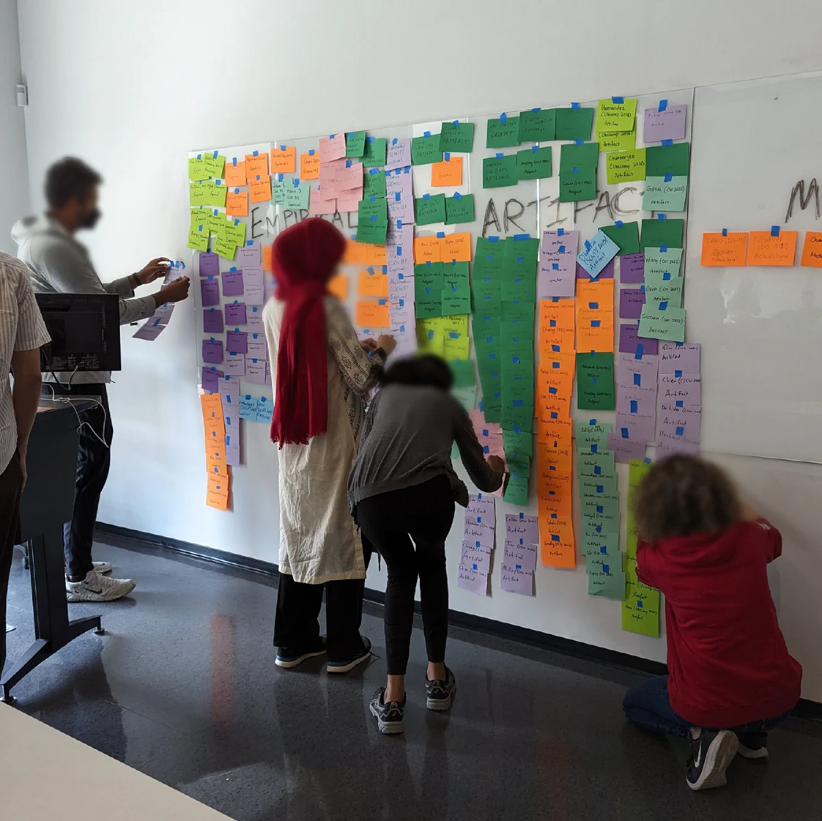 Students in HCI Research Methods debating paper placement on a shared methods map wall.